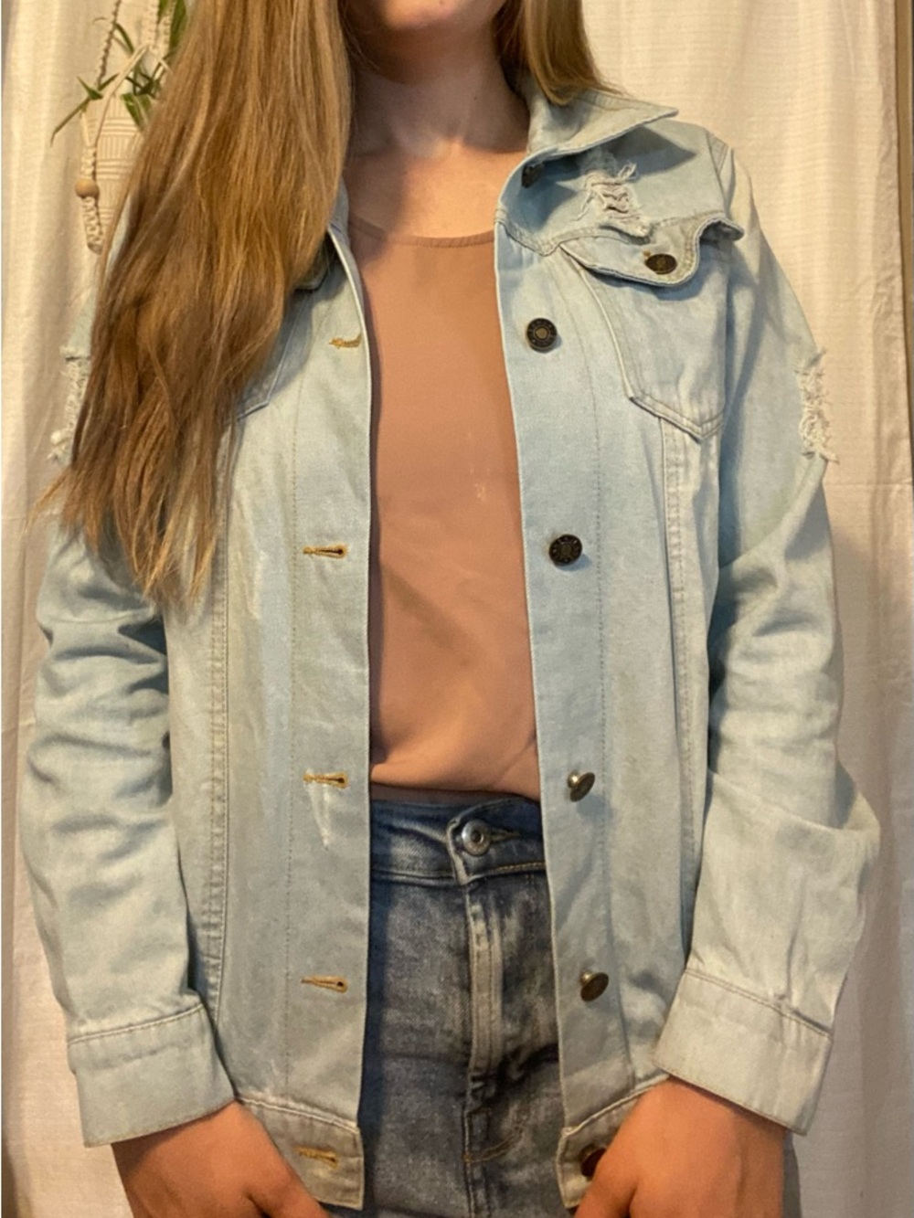 Women's Light Blue Distressed Denim Jacket - Casual Jean Coat Size Medium